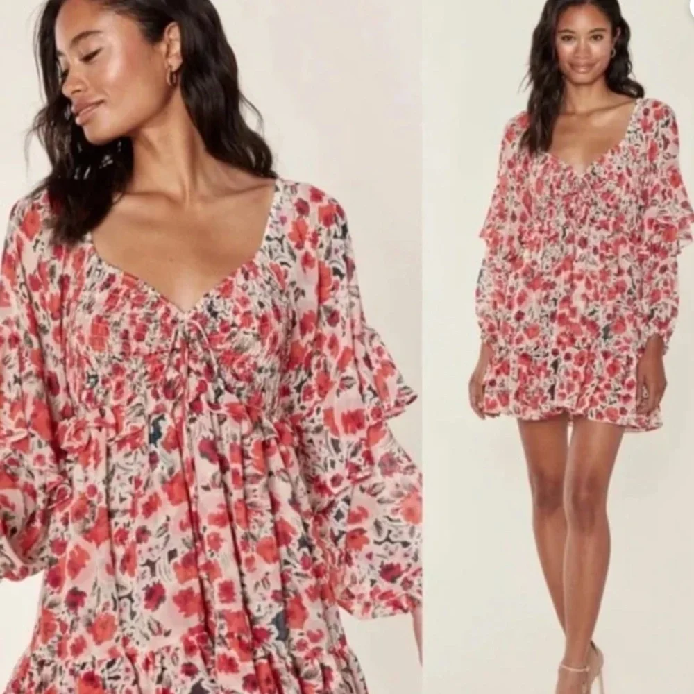 MISA Los Angeles Asra Red Floral Puff Sleeve Dress S - Picture 7 of 8